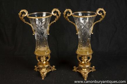 Pair Cut Glass Empire Sphinx Vases Urns Ormolu Fixtures